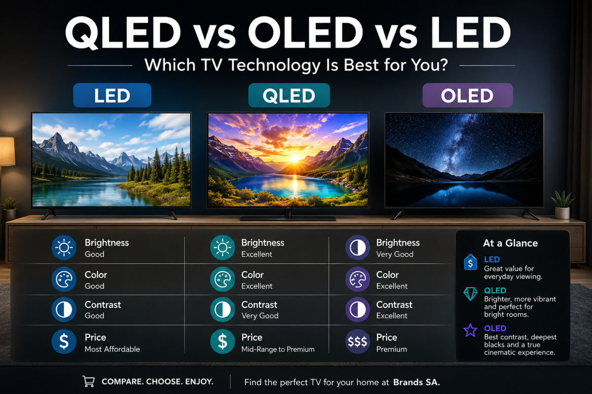 QLED vs OLED vs LED TVs comparison guide showing three TV technologies