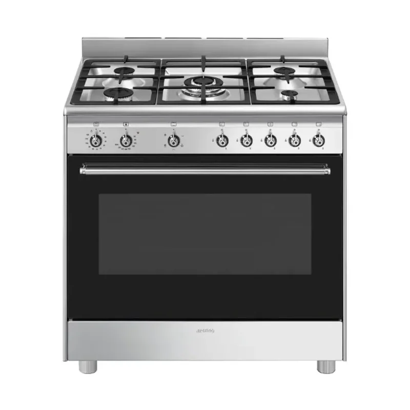 SMEG CX90GMSA 90cm stainless steel freestanding cooker with five gas burners and electric oven